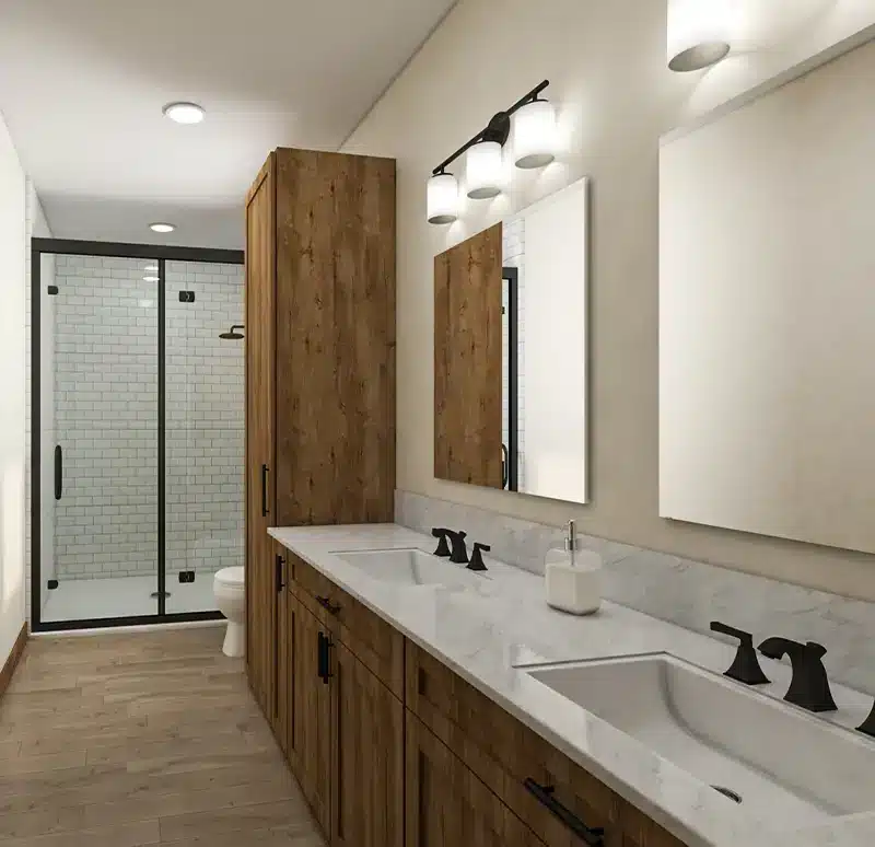 Modern container home bathroom with wood vanity and subway tile shower