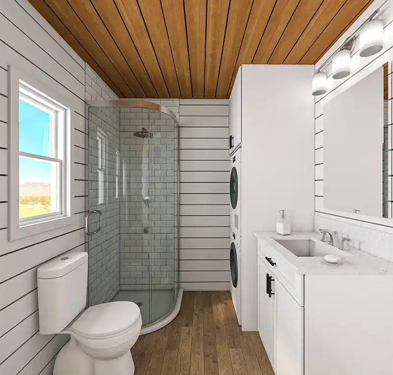 Modern container home bathroom with shiplap walls wood ceiling and tile shower