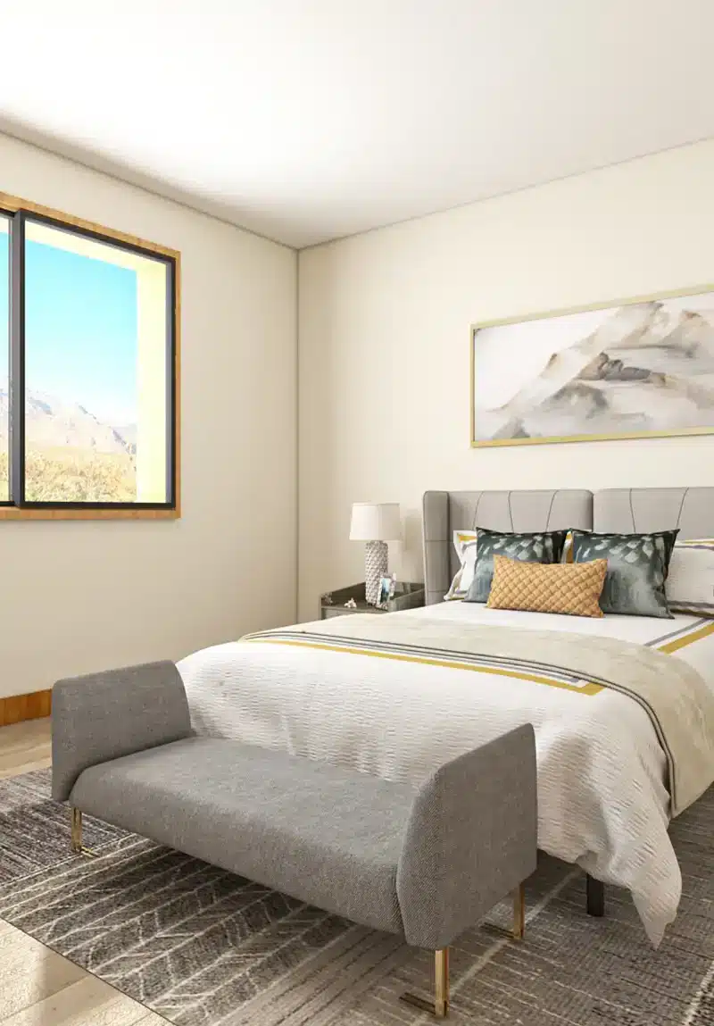 Modern container home bedroom with wood framed window and Arizona mountain views