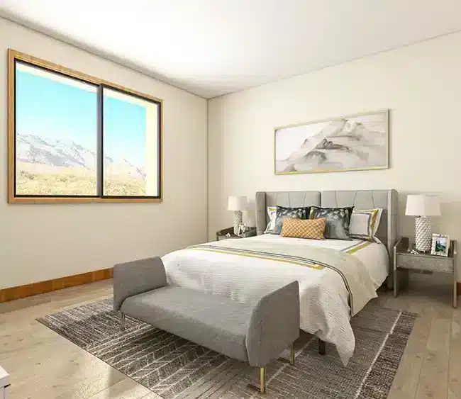 Modern barndominium master bedroom with mountain views Arizona