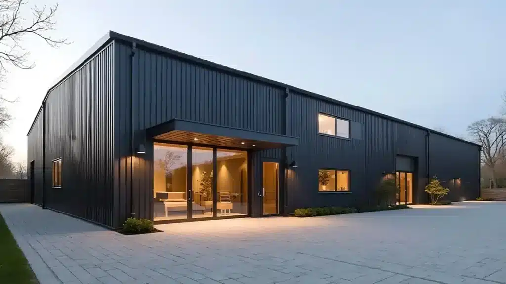 Modern black barndominium exterior at dusk with warm interior lighting